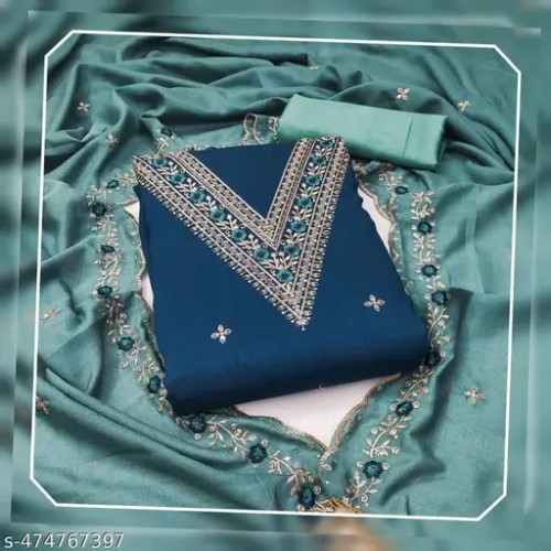Bliss Flair Blue Vichitra Silk Embroidered Dress Material For Women With Heavy Neck And Lace (Unstitched) Dress material pakistani suit pakistani suit simple dress material suit cotton suit churidar material salwar suit suit for women