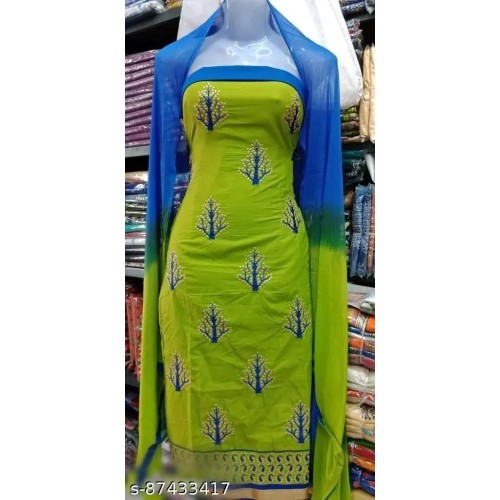 Women's Green Botanical Embroidered Soft Cotton Suits & Dress Materials