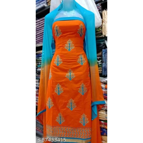 Women's Orange Botanical Embroidered Soft Cotton Suits & Dress Materials